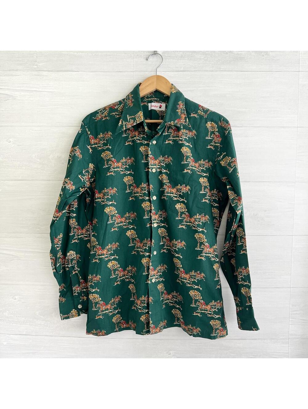Vintage Rooster Hunter Green Equestrian Hunt Button Up Shirt 70s Dagger Collar L